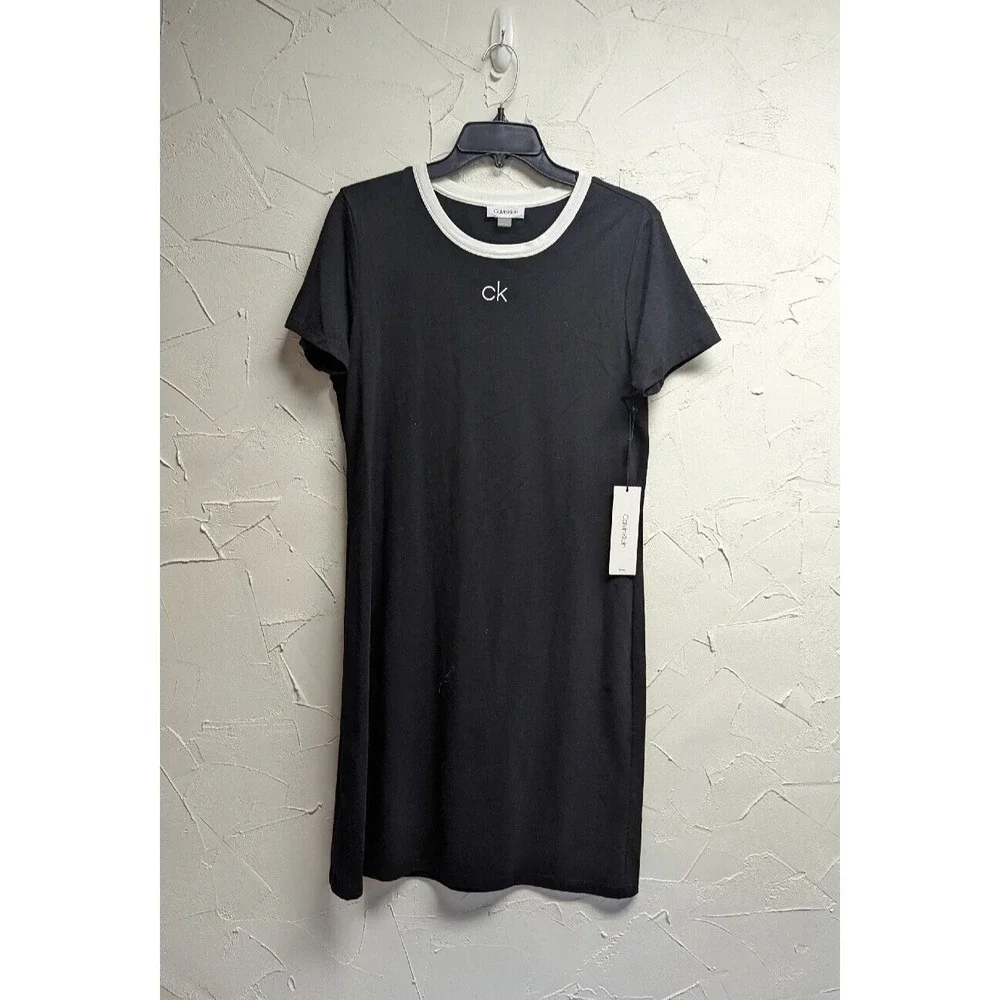 Calvin Klein Dress Women's Sz M Logo Piped Shirt Dress Black/White NWT $49 - Picture 1 of 6